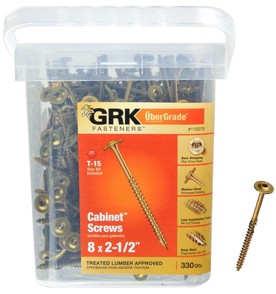GRK Fasteners 110079 Cabinet Screw, #8 Thread, 2-1/2 in L, Washer Head, Star Drive, Steel, 330 PK [SKU: ORG2816486]