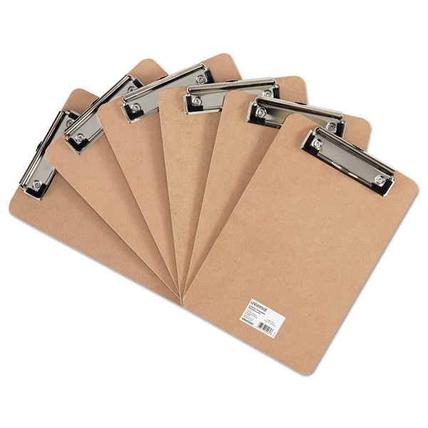 Hardboard Clipboard with Low-Profile Clip, 0.5" Clip Capacity, Holds 5 x 8 Sheets, Brown, 6/Pack [SKU: UNV05561]