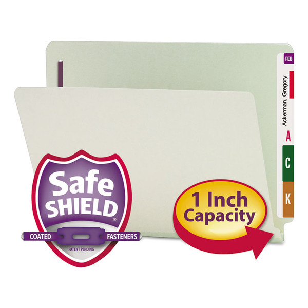 End Tab Pressboard Classification Folders, Two SafeSHIELD Coated Fasteners, 1" Expansion, Letter Size, Gray-Green, 25/Box [SKU: SMD34705]