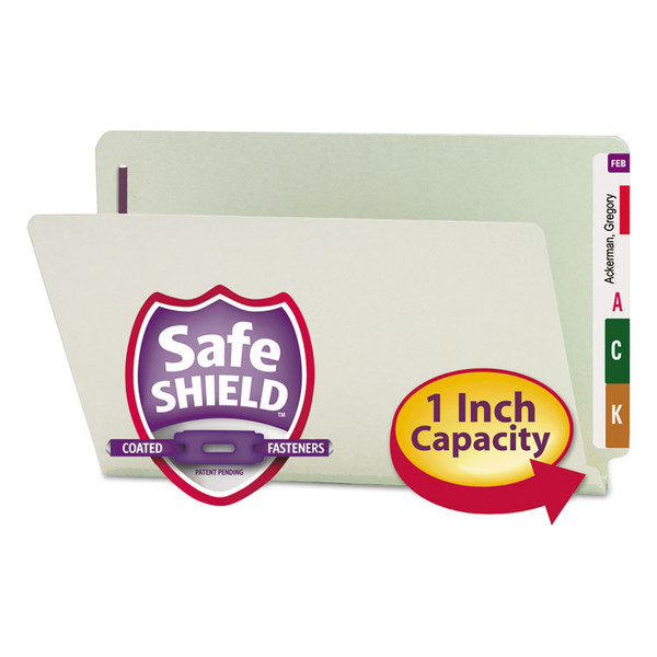 End Tab Pressboard Classification Folders, Two SafeSHIELD Coated Fasteners, 1" Expansion, Legal Size, Gray-Green, 25/Box [SKU: SMD37705]
