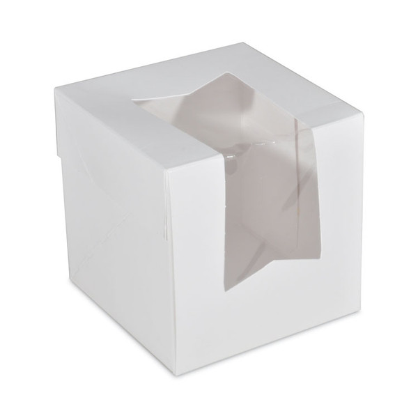 White Window Bakery Boxes with Attached Flip Top, 4-Corner Beers Design, 4.5 x 4.5 x 4.5, White, Paper, 200/Carton [SKU: SCH24033]