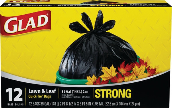GLAD 70028 Lawn and Leaf Bag, 32-1/2 in L, 38 in W, 39 gal Capacity, Black, Quick Tie Closure [SKU: ORG7120769]