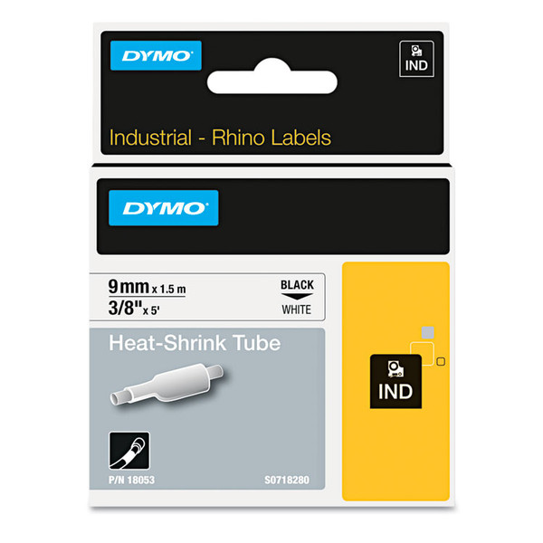 Rhino Heat Shrink Tubes Industrial Label Tape, 0.37" x 5 ft, White/Black Print [SKU: DYM18053]