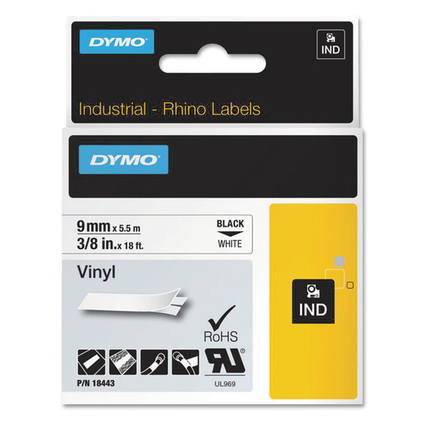 Rhino Permanent Vinyl Industrial Label Tape, 0.37" x 18 ft, White/Black Print [SKU: DYM18443]