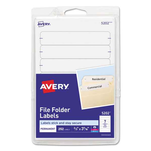 Printable 4" x 6" - Permanent File Folder Labels, 0.69 x 3.44, White, 7/Sheet, 36 Sheets/Pack, (5202) [SKU: AVE05202]