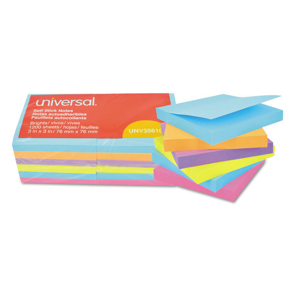 Self-Stick Note Pads, 3" x 3", Assorted Bright Colors, 100 Sheets/Pad, 12 Pads/Pack [SKU: UNV35610]