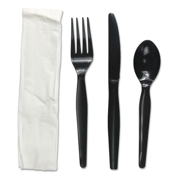 Four-Piece Cutlery Kit, Fork/Knife/Napkin/Teaspoon, Black, 250/Carton [SKU: BWKFKTNMWPSBLA]