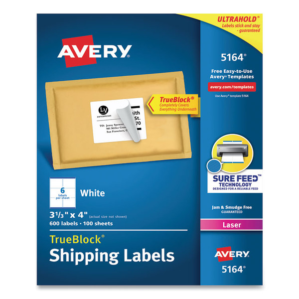 Shipping Labels w/ TrueBlock Technology, Laser Printers, 3.33 x 4, White, 6/Sheet, 100 Sheets/Box [SKU: AVE5164]