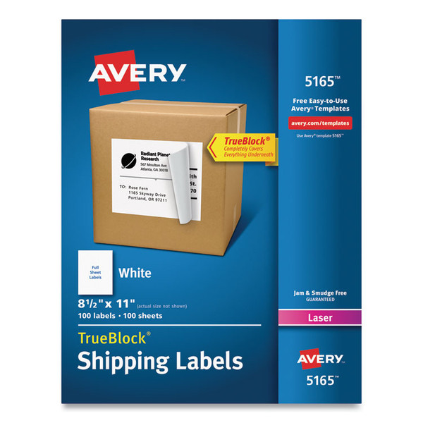 Shipping Labels with TrueBlock Technology, Laser Printers, 8.5 x 11, White, 100/Box [SKU: AVE5165]