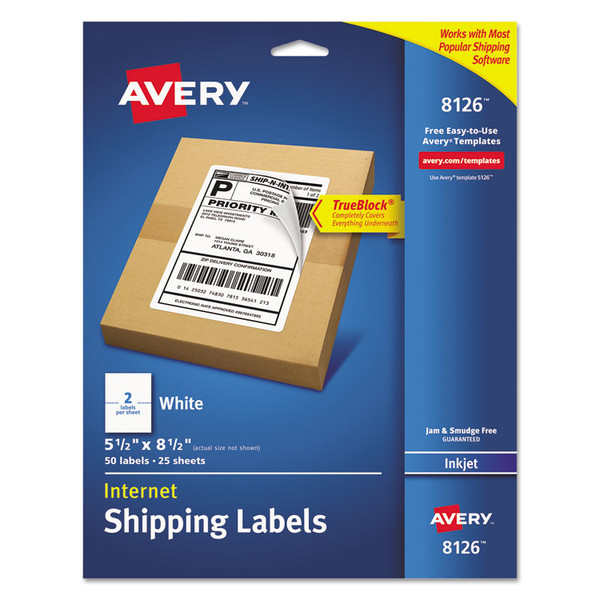 Shipping Labels w/ TrueBlock Technology, Inkjet Printers, 5.5 x 8.5, White, 2/Sheet, 25 Sheets/Pack [SKU: AVE8126]