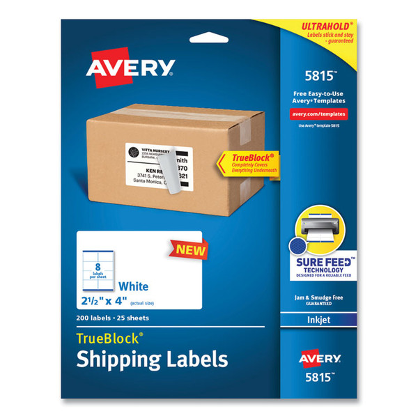 Shipping Labels with TrueBlock Technology, Inkjet Printers, 2.5 x 4, White, 8 Labels/Sheet, 25 Sheets/Pack [SKU: AVE5815]