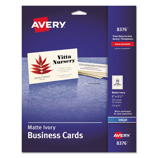 Printable Microperforated Business Cards w/Sure Feed Technology, Inkjet, 2 x 3.5, Ivory, 250 Cards, 10/Sheet, 25 Sheets/Pack [SKU: AVE8376]