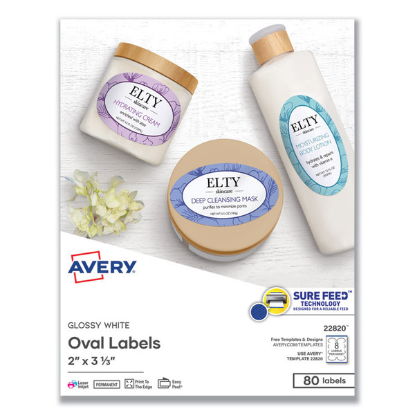 Oval Labels w/ Sure Feed and Easy Peel, 2 x 3.33, Glossy White, 80/Pack [SKU: AVE22820]