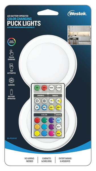 Westek BL-PCLR-W2 Color-Changing Adjustable Puck Light, AA Battery, LED Lamp, 80 Lumens, White [SKU: ORG2757086]