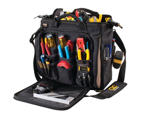 CLC Tool Works Series 1537 Multi-Compartment Tool Carrier, 7 in W, 13 in D, 13 in H, 33-Pocket, Polyester, Black/Brown [SKU: ORG7754484]
