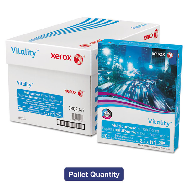 Vitality Multipurpose Print Paper, 92 Bright, 20 lb Bond Weight, 8.5 x 11, White, 500/Ream, 10 Reams/Ct, 40 Cartons/Pallet [SKU: XER3R02047PLT]