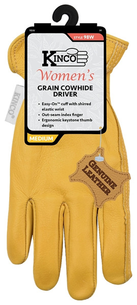 Kinco 98W-M Driver Gloves, Women's, M, Keystone Thumb, Easy-On Cuff, Cowhide Leather, Gold [SKU: ORG8635005]