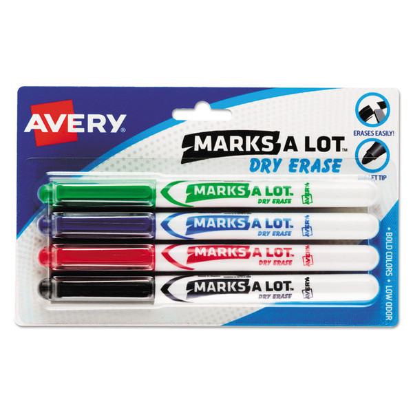 MARKS A LOT Pen-Style Dry Erase Markers, Medium Bullet Tip, Assorted Colors, 4/Set (24459) [SKU: AVE24459]