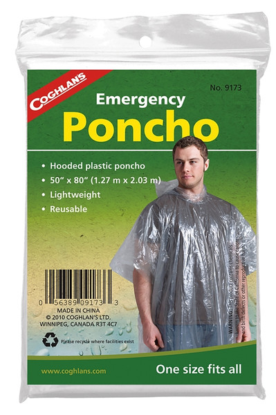 COGHLAN'S 9173 Emergency Poncho, One-Size, Polyethylene, Clear, Reusable Collar [SKU: ORG3554409]