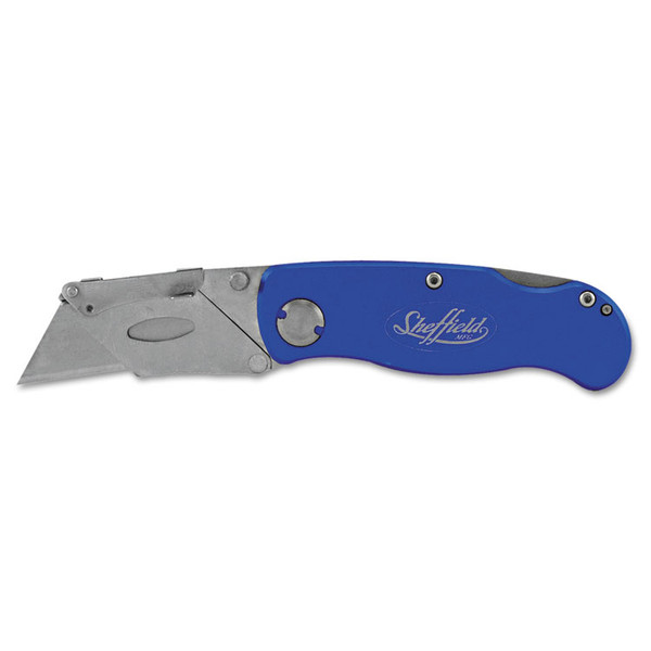 Sheffield Folding Lockback Knife, 1 Utility Blade, 2" Blade, 3.5" Aluminum Handle, Blue [SKU: GNS12113]