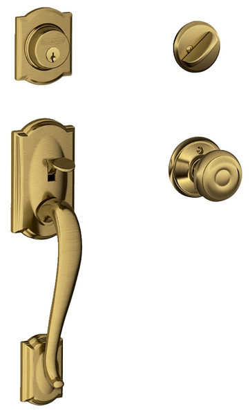 Schlage F Series F60VCAMXGEO609 Handleset, 1 Grade, Keyed Key, Brass, Antique Brass, 2-3/8 to 2-3/4 in Backset [SKU: ORG4976551]