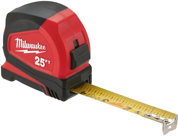 Milwaukee 48-22-6625 Tape Measure, 25 ft L Blade, 1.65 in W Blade, Steel Blade, ABS Case, Black/Red Case [SKU: ORG1383488]
