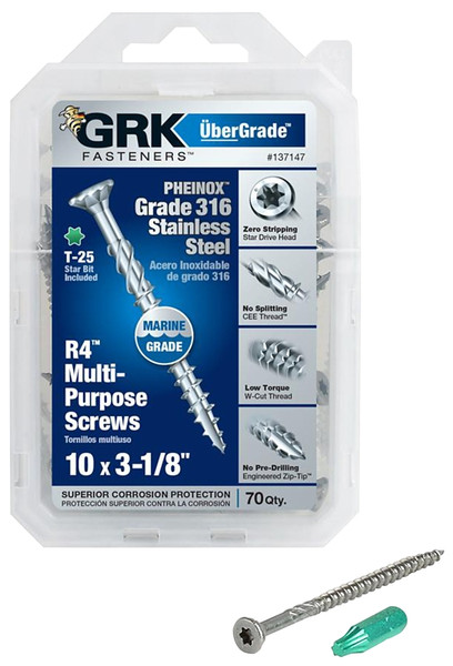 GRK Fasteners 137147 Framing and Decking Screw, #10 Thread, 3-1/8 in L, Flat Head, Star Drive, 316 Stainless Steel [SKU: ORG5150024]