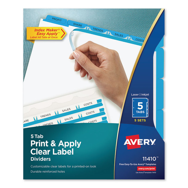 Print and Apply Index Maker Clear Label Dividers, 5-Tab, Color Tabs, 11 x 8.5, White, Blue Tabs, 5 Sets [SKU: AVE11410]