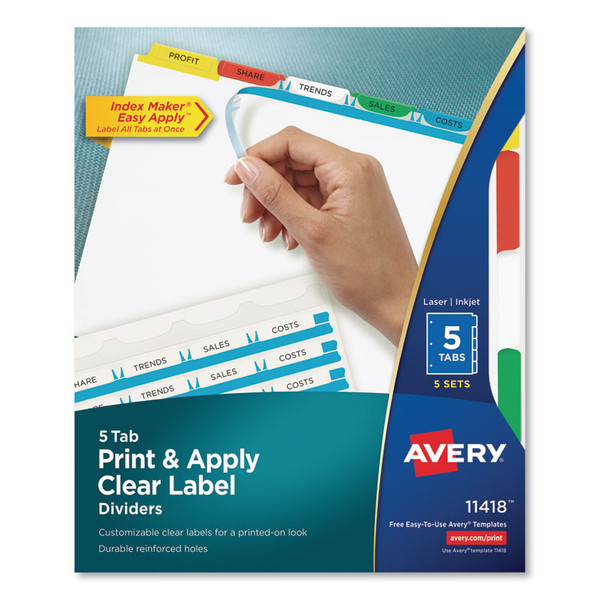 Print and Apply Index Maker Clear Label Dividers, 5-Tab, Color Tabs, 11 x 8.5, White, Traditional Color Tabs, 5 Sets [SKU: AVE11418]