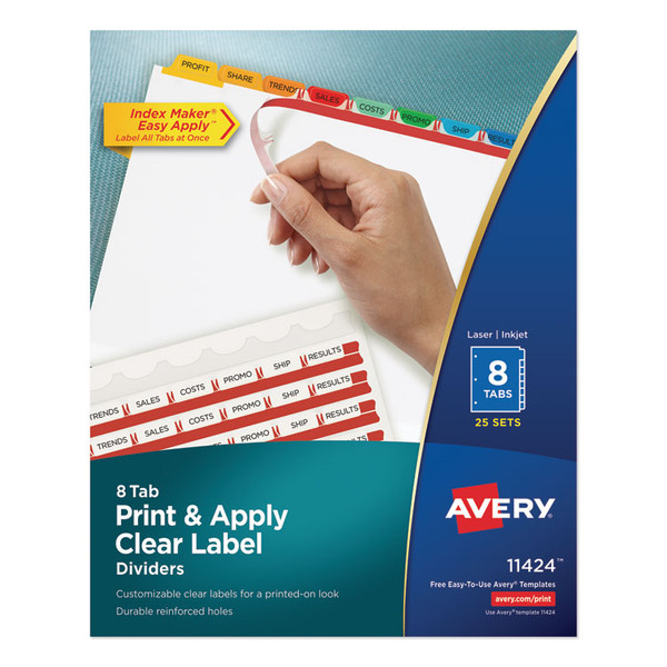 Print and Apply Index Maker Clear Label Dividers, 8-Tab, Color Tabs, 11 x 8.5, White, Traditional Color Tabs, 25 Sets [SKU: AVE11424]
