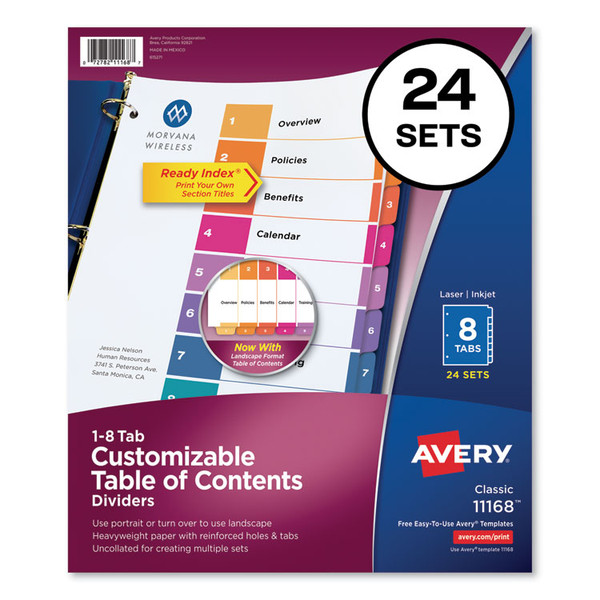 Customizable TOC Ready Index Multicolor Tab Dividers, Uncollated, 8-Tab, 1 to 8, 11 x 8.5, White, 24 Sets [SKU: AVE11168]
