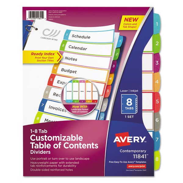 Customizable TOC Ready Index Multicolor Tab Dividers, 8-Tab, 1 to 8, 11 x 8.5, White, Contemporary Color Tabs, 1 Set [SKU: AVE11841]