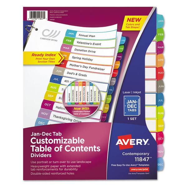 Customizable TOC Ready Index Multicolor Tab Dividers, 12-Tab, Jan. to Dec., 11 x 8.5, White, Contemporary Color Tabs, 1 Set [SKU: AVE11847]