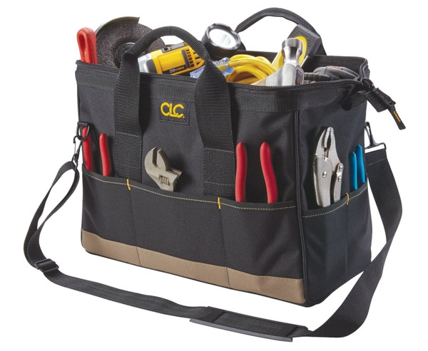 CLC Tool Works BIGMOUTH Series 1165 Tote Bag, 8-1/2 in W, 16 in D, 10 in H, 22-Pocket, Polyester, Black/Khaki [SKU: ORG0824581]