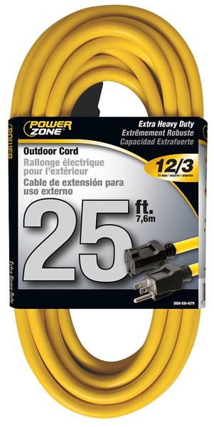 PowerZone Extension Cord, 12 AWG Cable, 25 ft L, 13 A, 125 V, Yellow [SKU: ORG4354379]