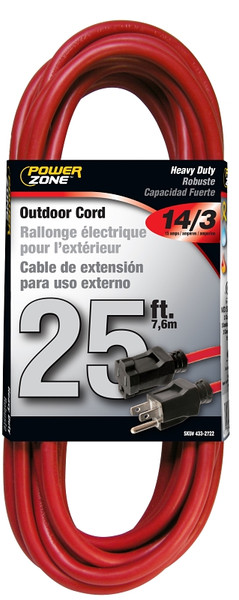 PowerZone Extension Cord, 14 AWG Cable, 25 ft L, 13 A, 125 V, Red [SKU: ORG4332722]