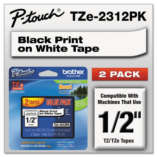 TZe Standard Adhesive Laminated Labeling Tapes, 0.47" x 26.2 ft, Black on White, 2/Pack [SKU: BRTTZE2312PK]