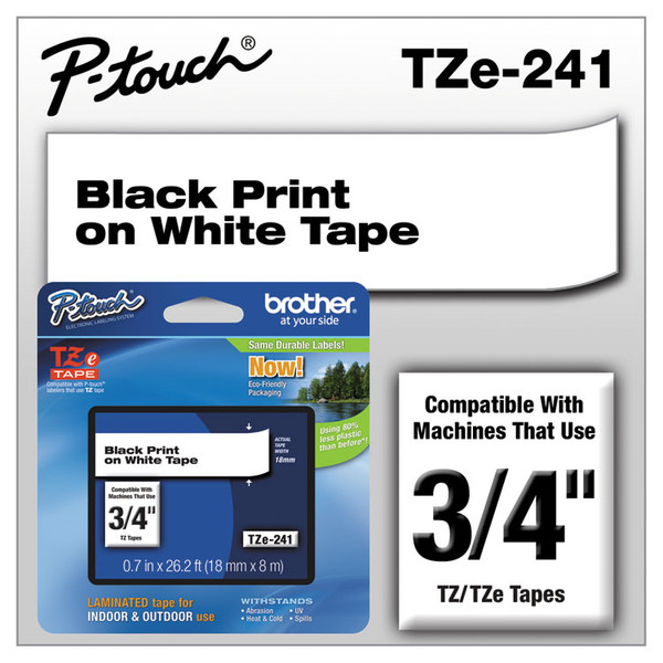 TZe Standard Adhesive Laminated Labeling Tape, 0.7" x 26.2 ft, Black on White [SKU: BRTTZE241]