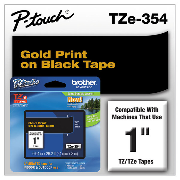 TZe Standard Adhesive Laminated Labeling Tape, 0.94" x 26.2 ft, Gold on Black [SKU: BRTTZE354]