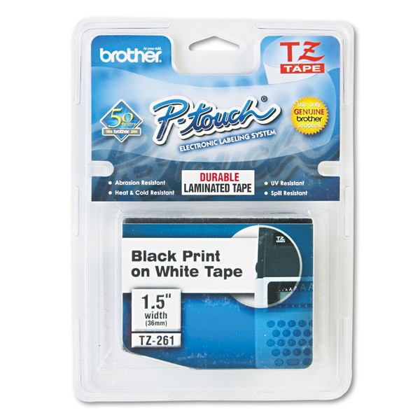 TZe Standard Adhesive Laminated Labeling Tape, 1.4" x 26.2 ft, Black on White [SKU: BRTTZE261]