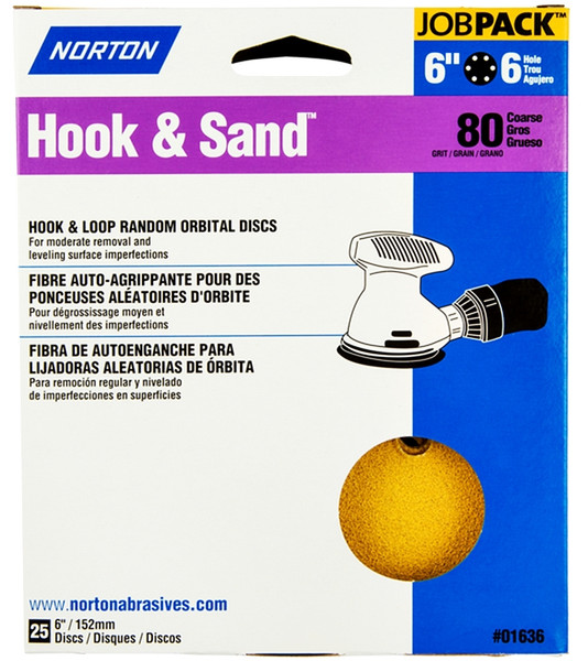 NORTON Hook & Sand 07660701636 Vacuum Disc, 6 in Dia, P80 Grit, Coarse, Aluminum Oxide Abrasive, Paper Backing [SKU: ORG3310638]