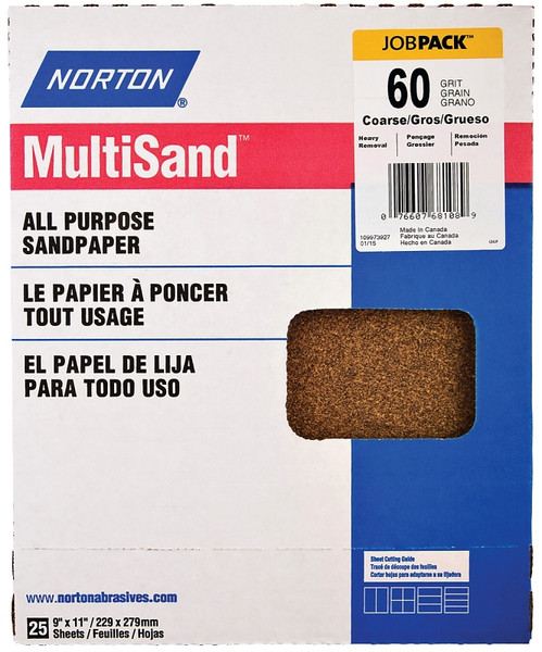 NORTON Adalox 07660700152 Sanding Sheet, 11 in L, 9 in W, Coarse, 60 Grit, Aluminum Oxide Abrasive, Paper Backing [SKU: ORG3306206]