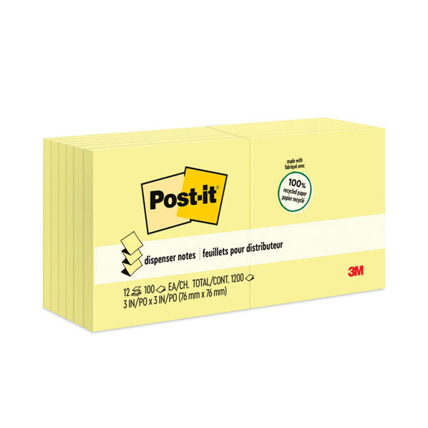 Original Recycled Pop-up Notes, 3" x 3", Canary Yellow, 100 Sheets/Pad, 12 Pads/Pack [SKU: MMMR330RP12YW]