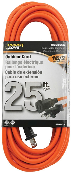 PowerZone OR481625 Outdoor Extension Cord, 16 AWG Wire, 25 ft L, Orange Sheath [SKU: ORG4557724]