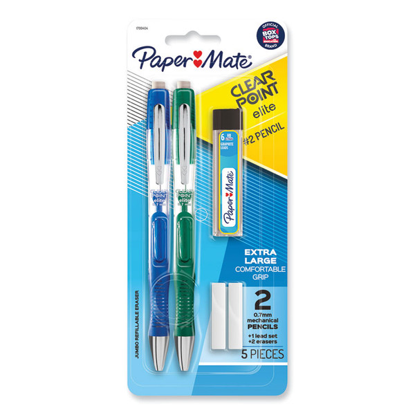 Clearpoint Elite Mechanical Pencils, 0.7 mm, HB (#2), Black Lead, Blue and Green Barrels, 2/Pack [SKU: PAP1799404]