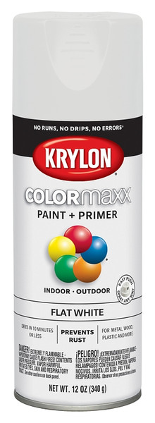 Krylon COLORmaxx K05548007 Spray Paint, Flat, White, 12 oz, Aerosol Can [SKU: ORG7241524]