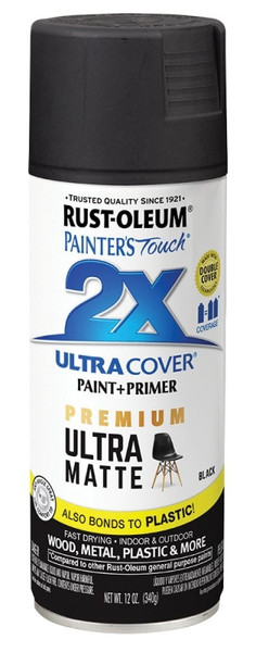 RUST-OLEUM PAINTER'S Touch 2X ULTRA COVER 331182 Spray Paint, Matte, Black, 12 oz, Aerosol Can [SKU: ORG1192806]