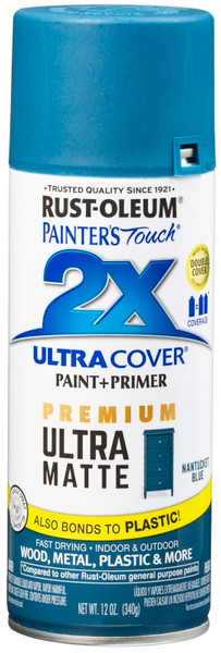 RUST-OLEUM PAINTER'S Touch 2X ULTRA COVER 331188 Spray Paint, Matte, Nantucket Blue, 12 oz, Aerosol Can [SKU: ORG1192921]