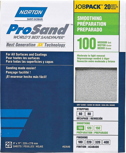 NORTON ProSand 07660768173 Sanding Sheet, 11 in L, 9 in W, Medium, 100 Grit, Aluminum Oxide Abrasive [SKU: ORG3306776]