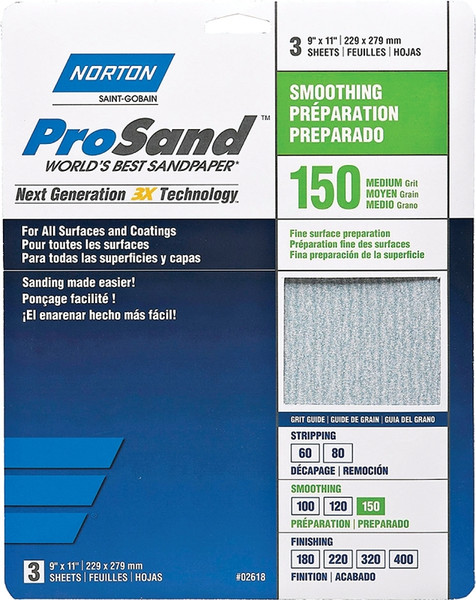 NORTON ProSand 07660768160 Sanding Sheet, 11 in L, 9 in W, Medium, 150 Grit, Aluminum Oxide Abrasive [SKU: ORG3306628]